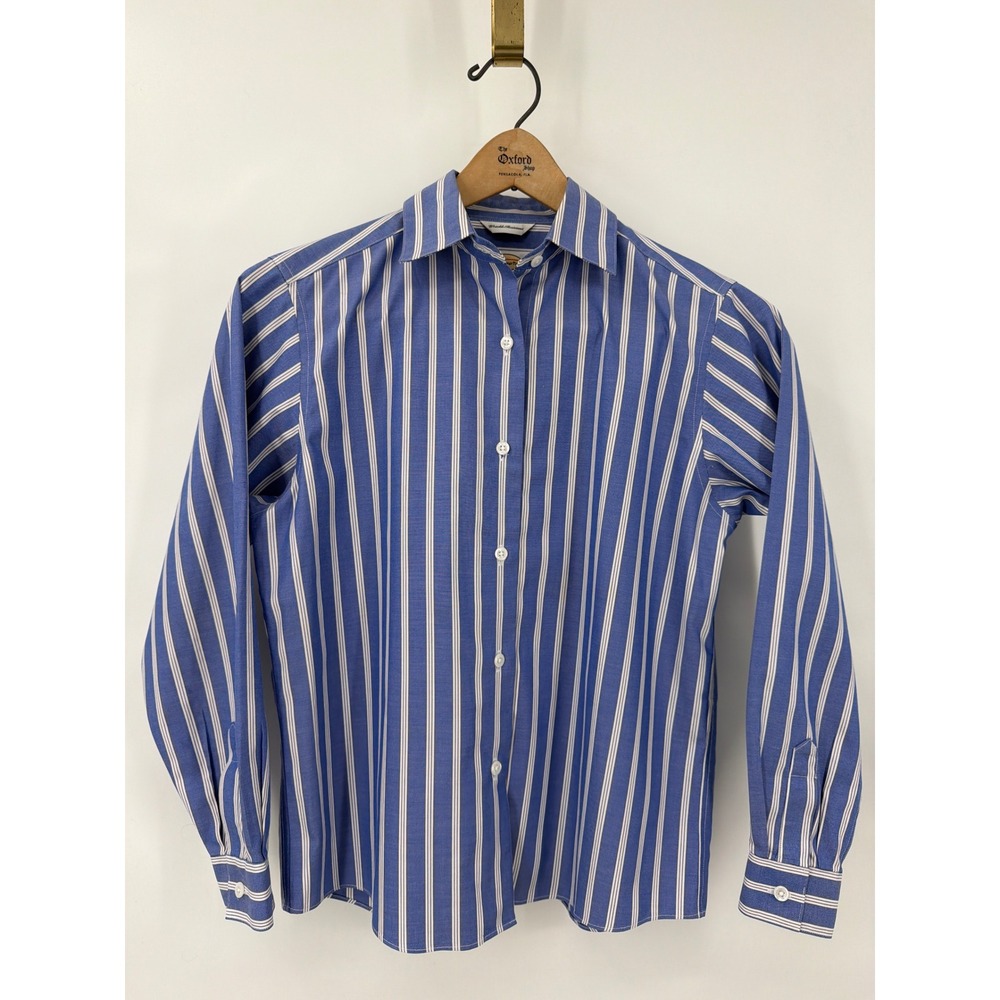 Talbots 4 Petites Blue White Striped Cotton Button Down Shirt Wrinkle Resistant